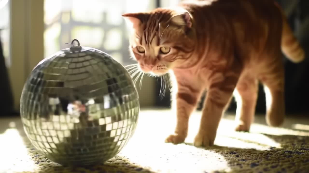 Curious Cat Approaches Sparkling Disco Ball in Sunlit Room, Capturing the Playful Essence of Feline Exploration and Shimmering Reflections