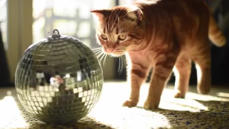 curious cat approaches sparkling disco ball in sunlit room, capturing the playful essence of feline exploration and shimmering reflections