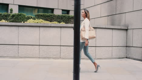 beautiful mixed race business woman walking through city