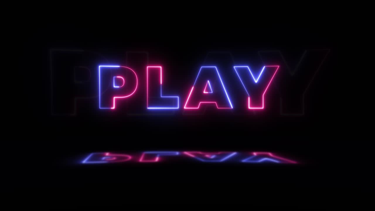 neón brillante palabra 'juego' en un fondo negro con reflejos en un piso. signos de brillo de neón en gráfico de movimiento de bucle sin costuras