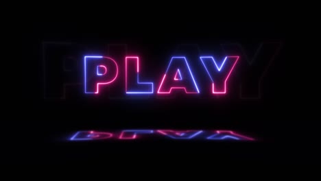 neon glowing word 'play' on a black background with reflections on a floor. neon glow signs in seamless loop motion graphic