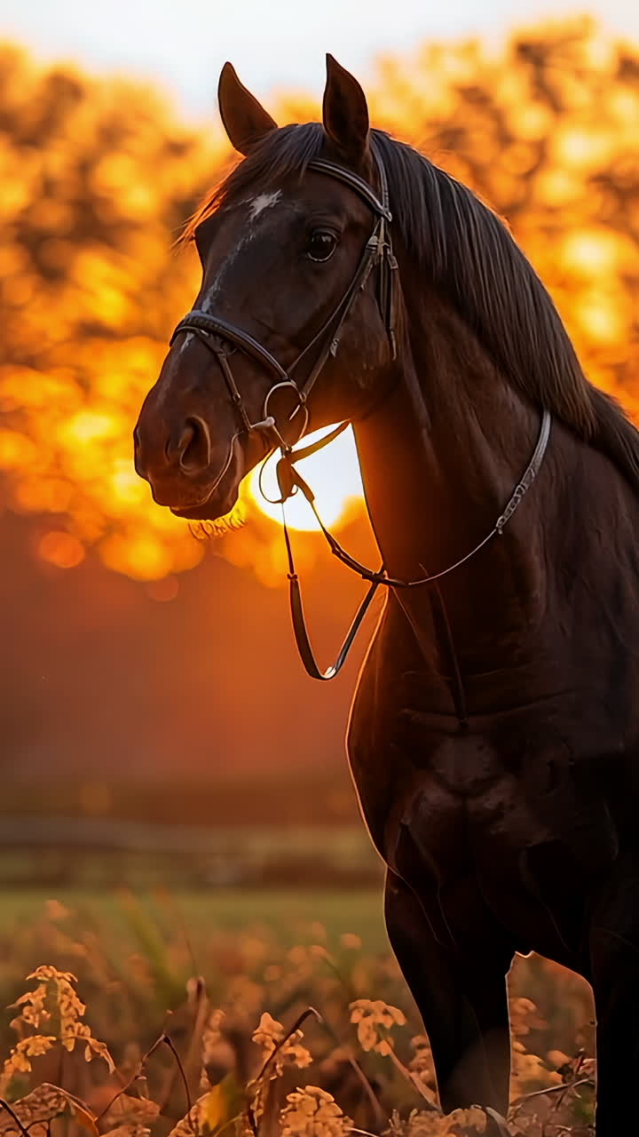 Black Horse Stands in Field at Sunset Near Historic Building. A black horse poses in a field, illuminated by a stunning sunset, with a historic building in the background surrounded by autumn trees.