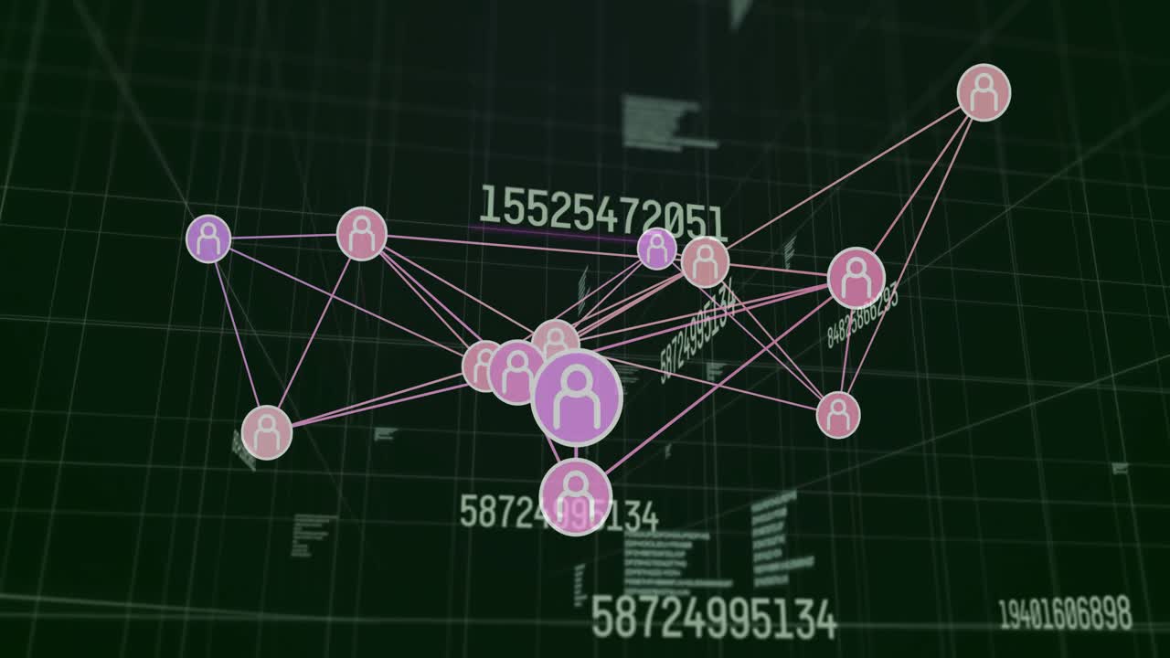Avatars emerging on dark green grid starting network links updating numeric account relationships