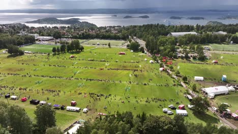 Drone-pans-over-Ekebergsletta-during-the-Norway-Cup-2023,-just-outside-the-center-of-Oslo