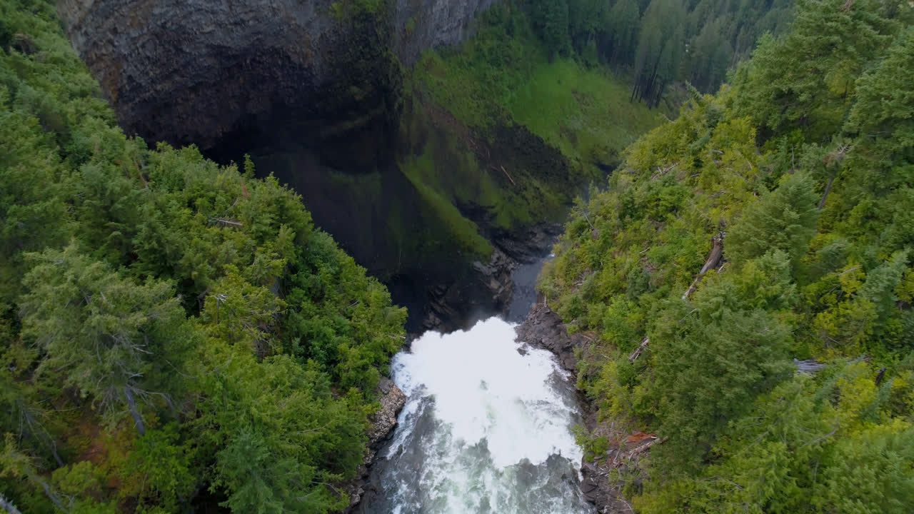 hermosa caída de agua a través del acantilado del bosque en un día soleado 4k