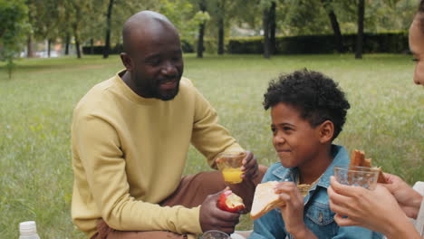 Alegre-Familia-Afroamericana-Haciendo-Un-Picnic-En-El-Césped-Verde-En-El-Parque