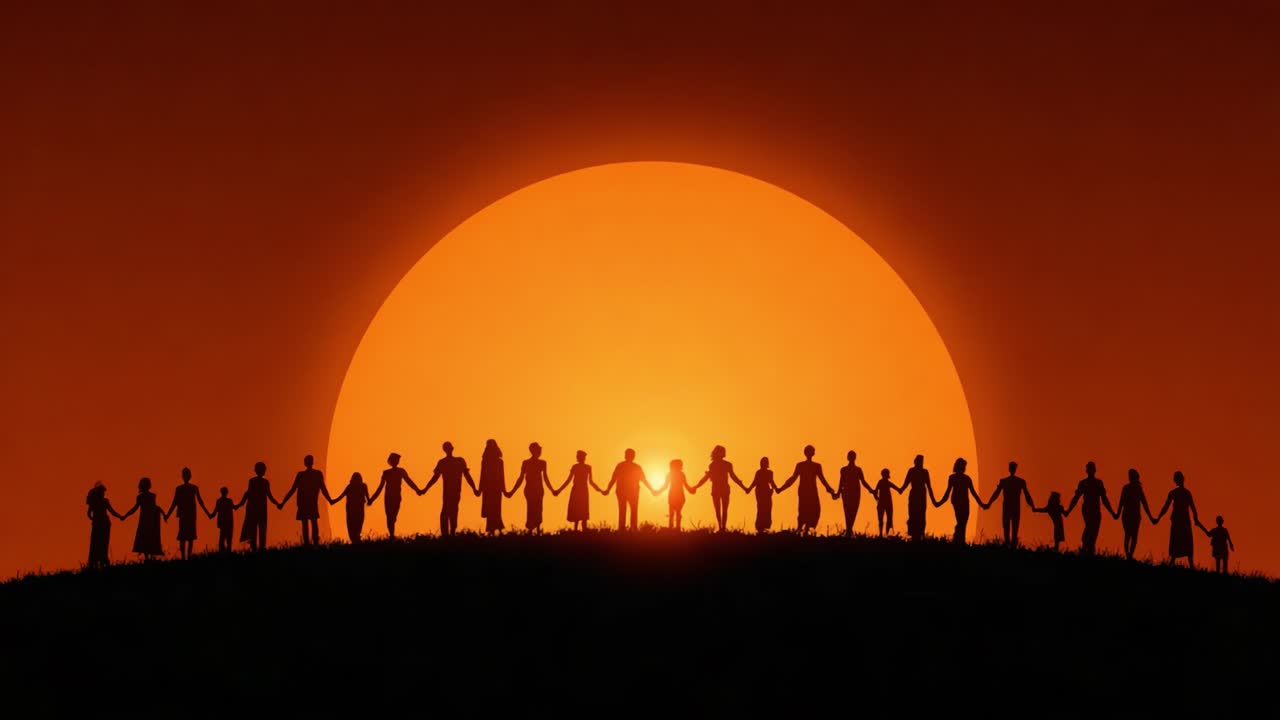 Een boeiend silhouet van eenheid tegen een prachtige zonsondergang: individuen die elkaars handen vasthouden in harmonie, omlijst door een schitterende oranje zon die aan de horizon ondergaat