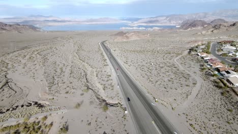 lake mead wide shot and highway 93 near boulder city, nevada and drone video stable