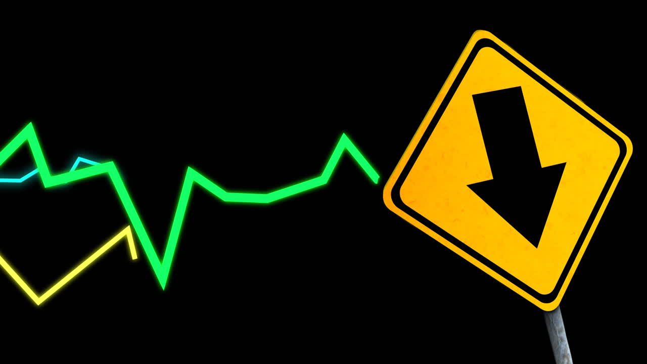 금융 데이터 처리의 애니메이션과 검은색 배경의 도로 표지판