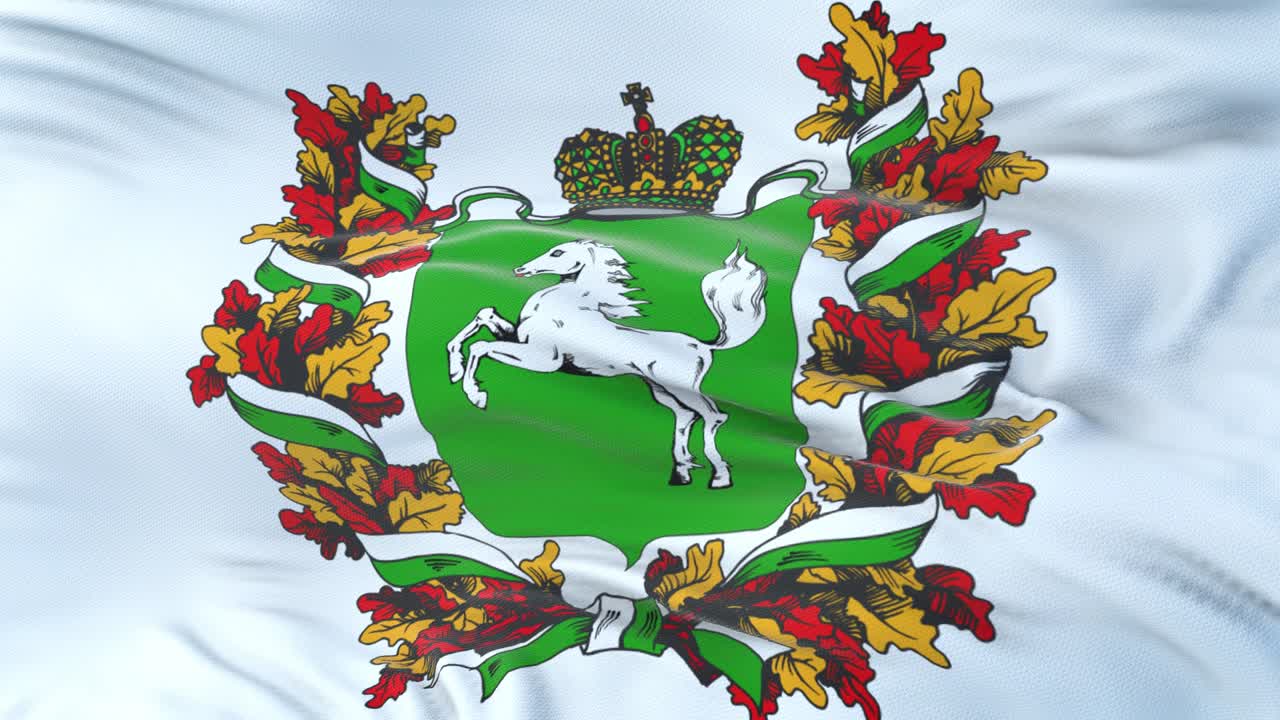 Tomsk oblast (Federal subject of Russia) flag waving in the wind with highly detailed fabric texture. Seamless loop