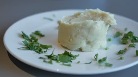 close-up of a serving of creamy mashed potatoes garnished with parsley