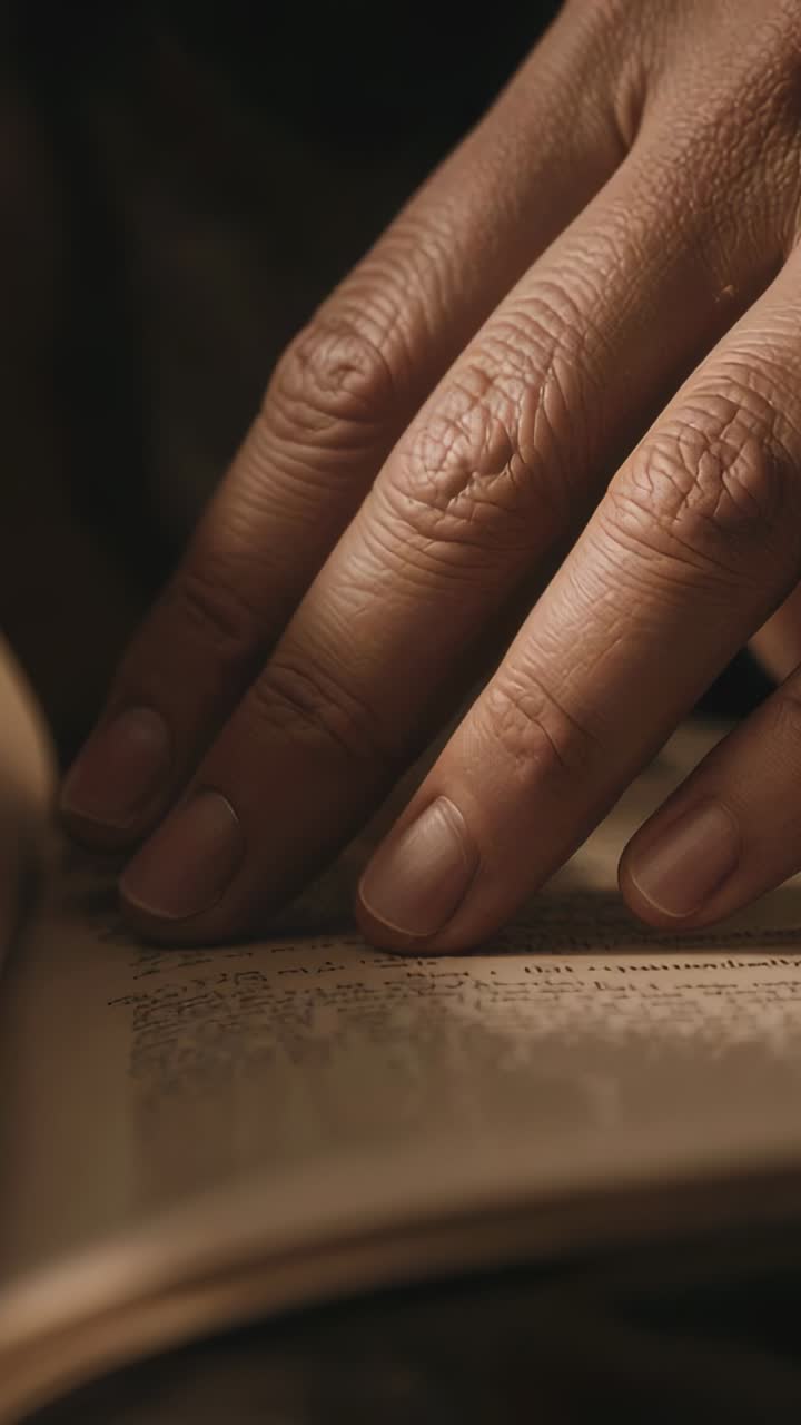 Video verticale: linea di tracciamento, mano destra con manica scura che scorre su un libro usurato sotto una lampada calda