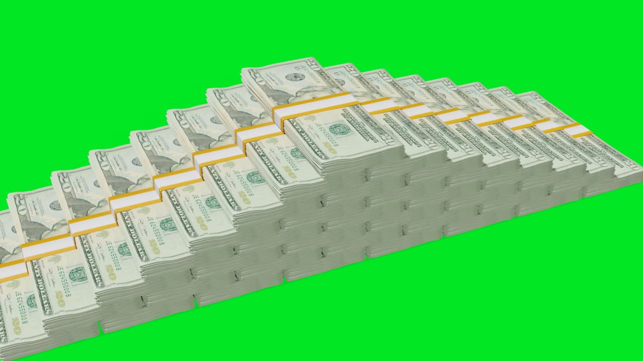 Many wads of money chromakey background. 20 US dollar banknotes. Stacks of money.