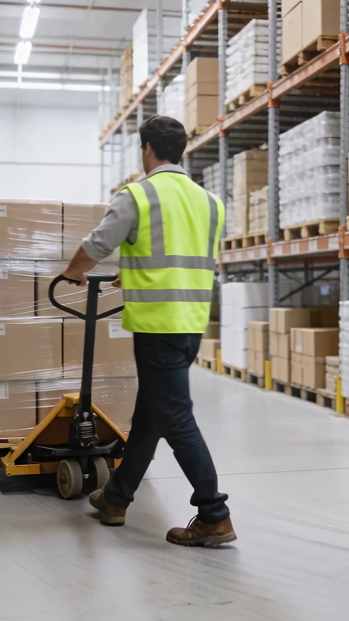 Video verticale: Uomo in abbigliamento ad alta visibilità che entra da destra spingendo un transpallet, spostando un carico imballato lungo il corridoio verso il magazzino.