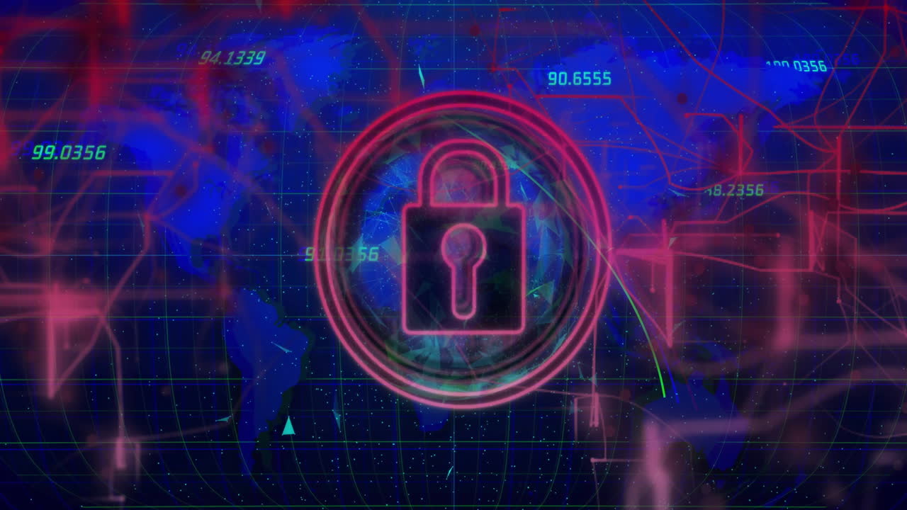 Animation of digital lock icon with global map, numerical data, and network lines
