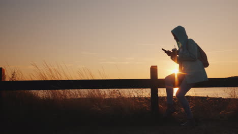 a woman in a hood sits on a fence near a picturesque lake uses a smartphone beautiful sunset