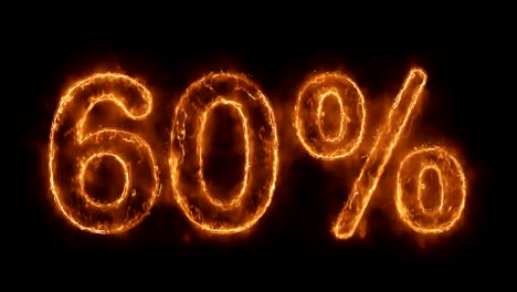 60% percent off word hot animated burning realistic fire flame loop.