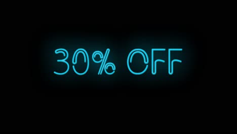 flashing neon 30% off teal color sign on black background on and off with flicker