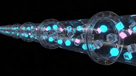a mesmerizing view of a futuristic transparent tube filled with floating cubes and spheres illuminated by vibrant blue and pink lights, creating a captivating visual experience