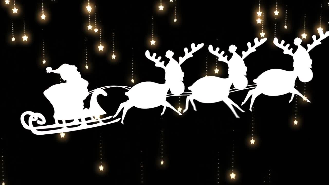 산타클로스가  ⁇ 매를 타고 흑색 배경에 떨어지는 별 아이콘 위에서 사 ⁇ 에 의해 끌려가고 있습니다.