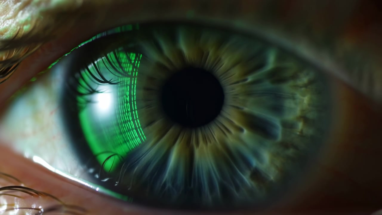 Vista macro di un occhio umano centrato nell'inquadratura, con un'iride verde, pupilla scura, ciglia visibili e pelle del viso morbida intorno. Luce riflessa brillante.