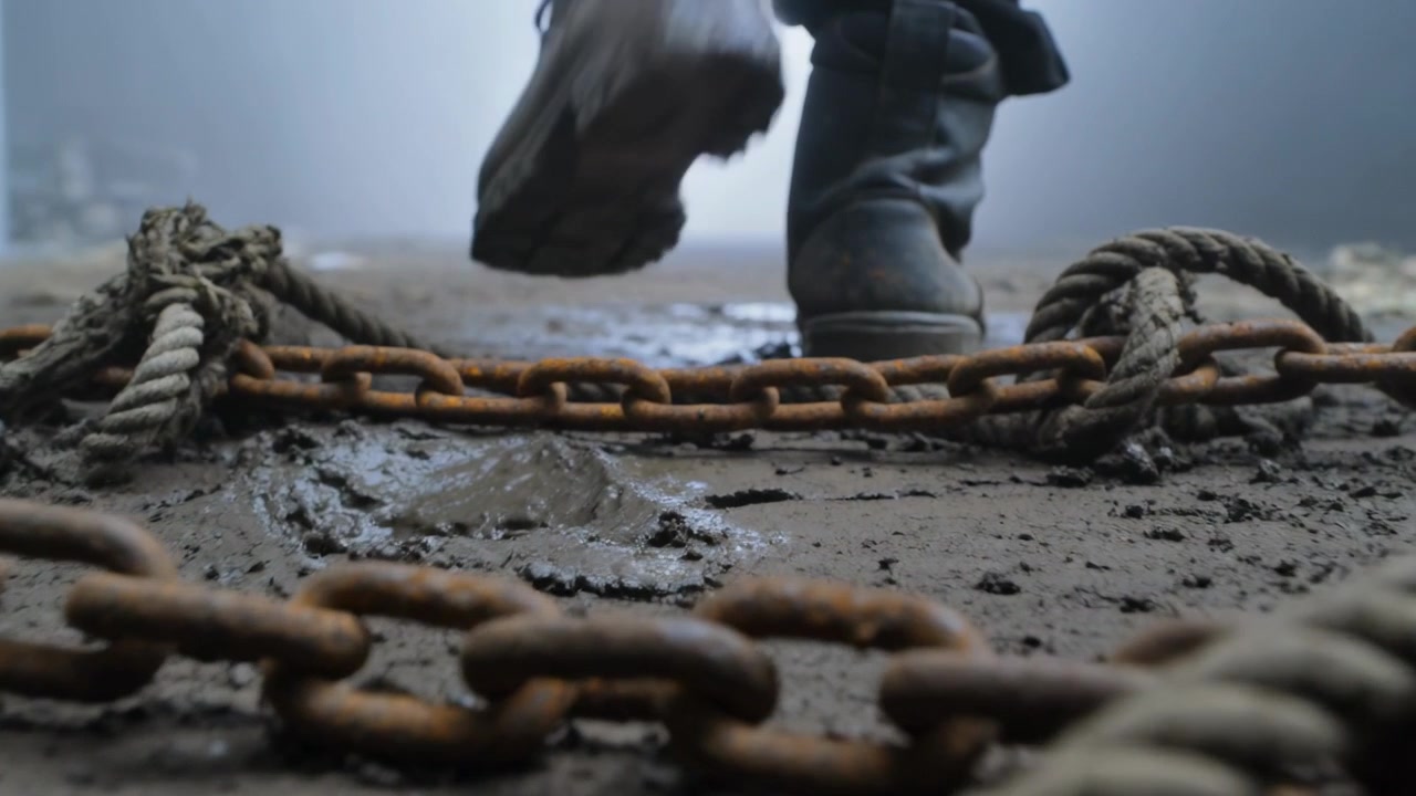 Stivali che camminano, ripresi da una telecamera a bassa angolazione che si concentra su una catena arrugginita e una corda, mentre attraversano un pavimento fangoso.
