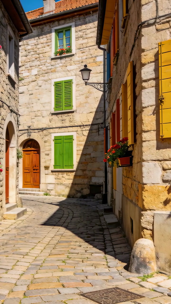 Vertical video: Panning camera from high, revealing cobbled alley, brown door, shutters, for detail