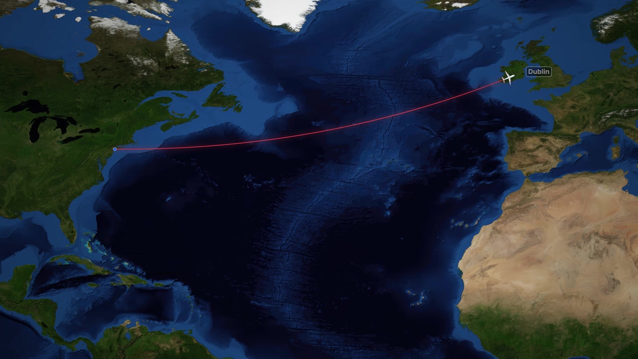 Satellite map animation follows a plane flying from New York to Dublin across the Atlantic