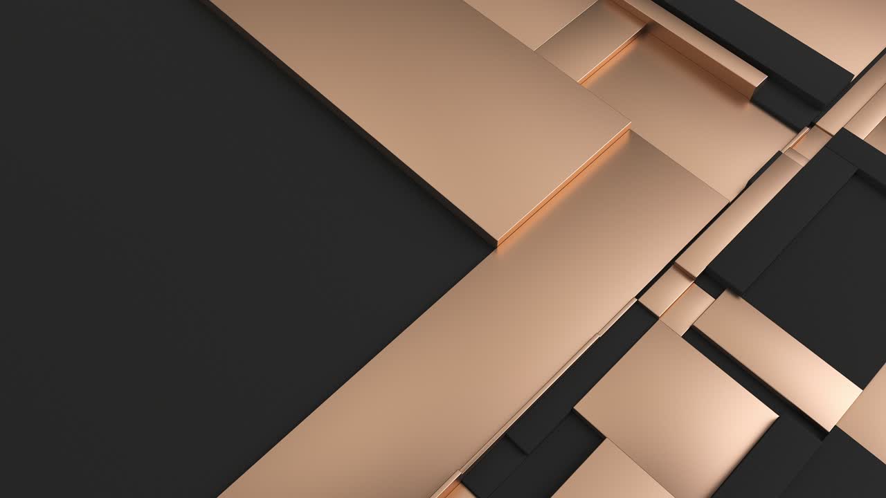 negro y dorado superficie rectangular tessellada en movimiento. fondo abstracto con azulejos fragmentados de escala tambaleante. patrón de diseño de movimiento 3d con animación de bucle y lugar para texto. renderizado 4k uhd