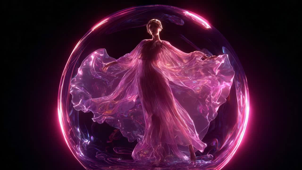 Woman in Pink Dress Inside Neon Sphere