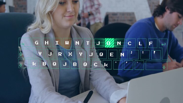 Animation of data processing over diverse business people in office