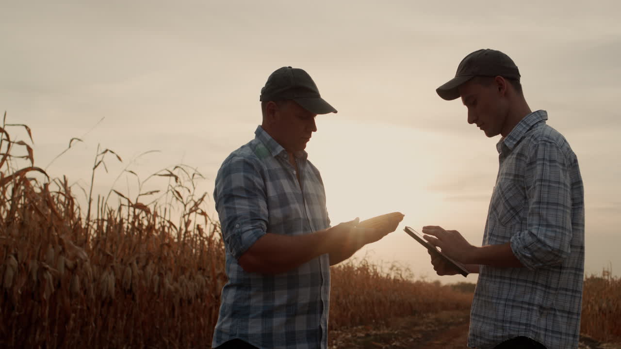 두 명의 농부가 현장 연구 옥수수에서 일하고 의사 소통