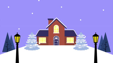 happy merry christmas card with cute house in snowscape