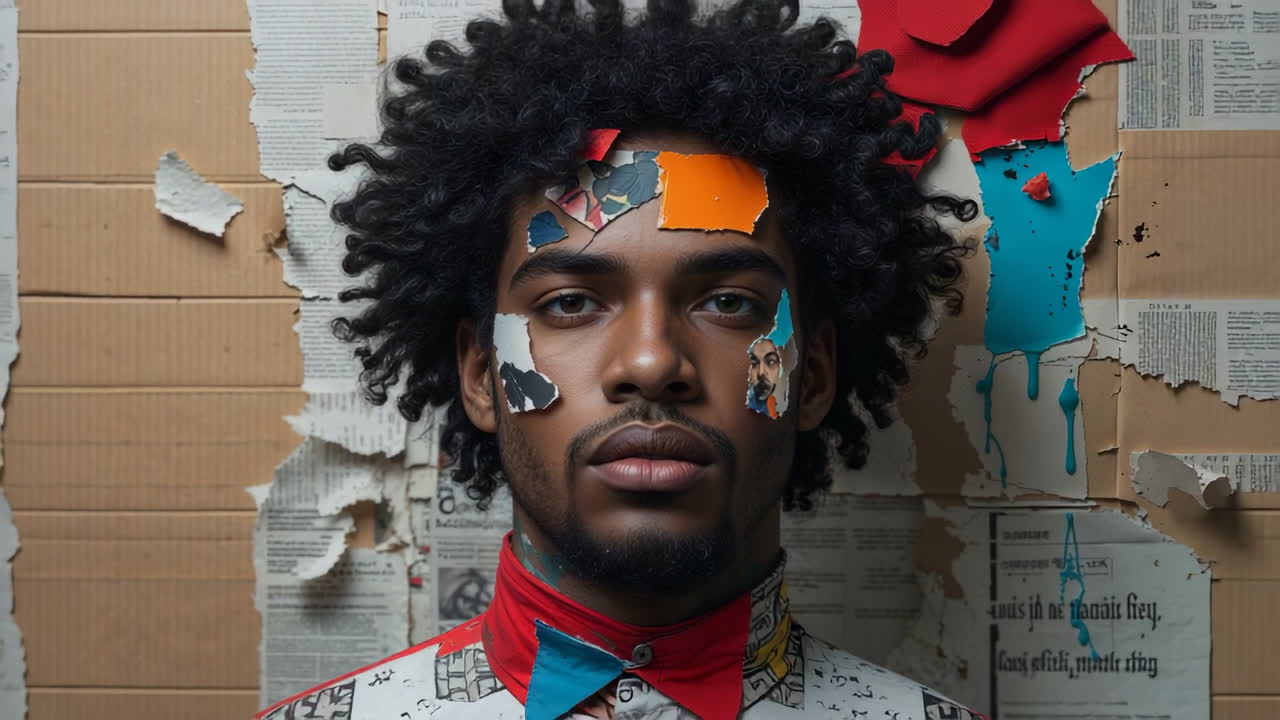 Artistic Portrait of a Man with Collage Elements on His Face