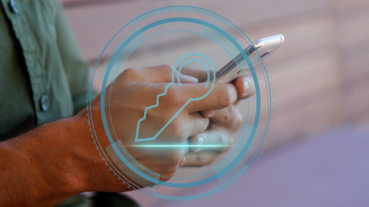 animación del procesamiento de datos de seguridad cibernética sobre un hombre caucásico usando un teléfono inteligente