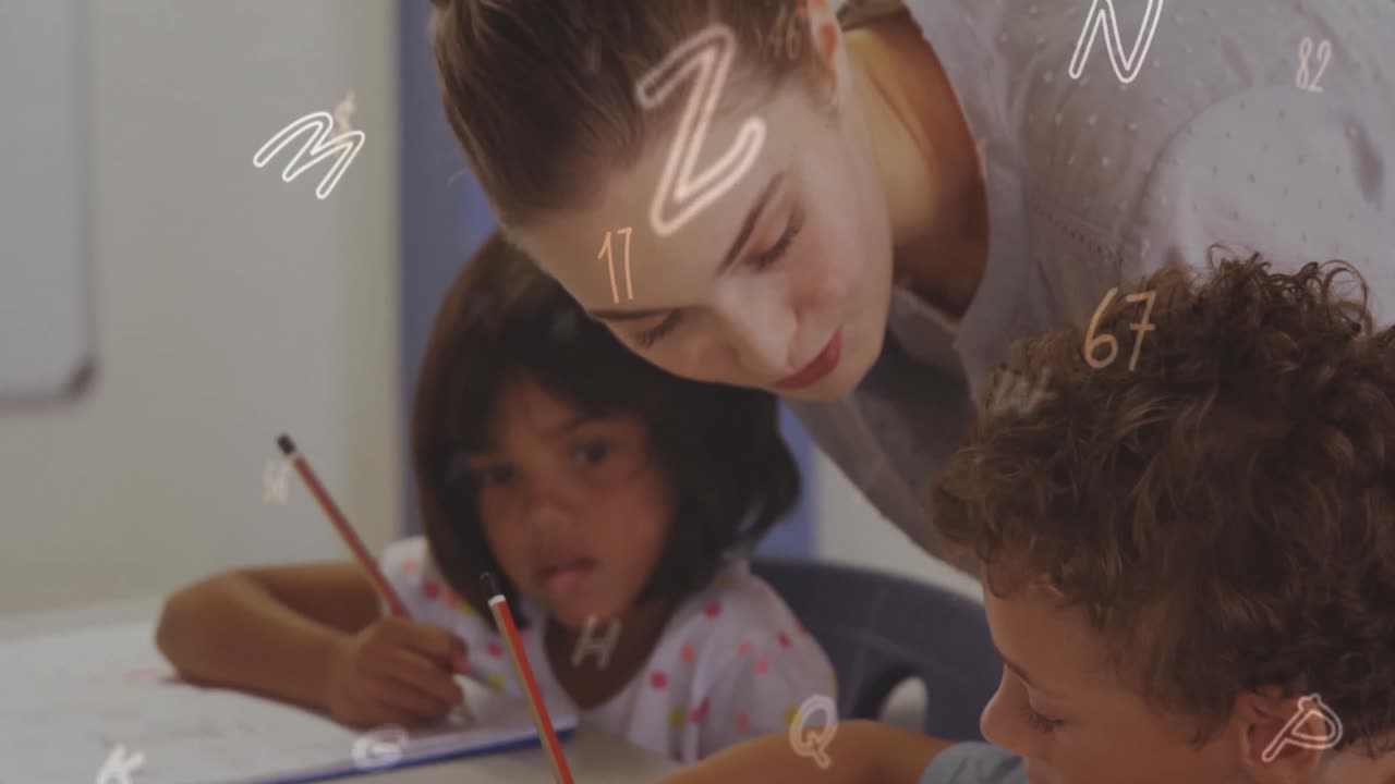 animación de números sobre diversas maestras y escolares escribiendo