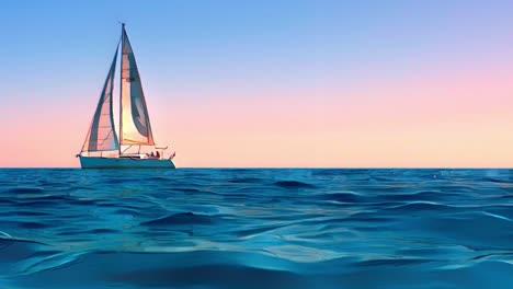 Cartoon-animation-of-small-yacht-boat-sailing-at-sunset