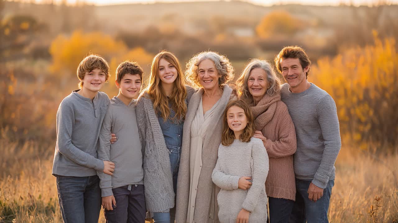 A Heartwarming Family Gathering Captured in Beautiful Autumn Light, Showcasing Multigenerational Bonds and Joyful Togetherness in Nature's Embrace