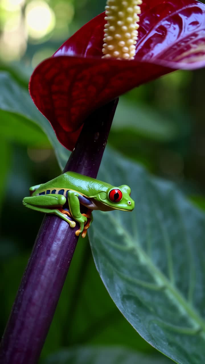 Vibrant Red-Eyed Tree Frog Perched on a Plant Stem