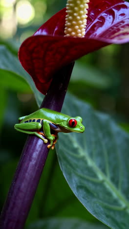 vibrant red-eyed tree frog perched on a plant stem