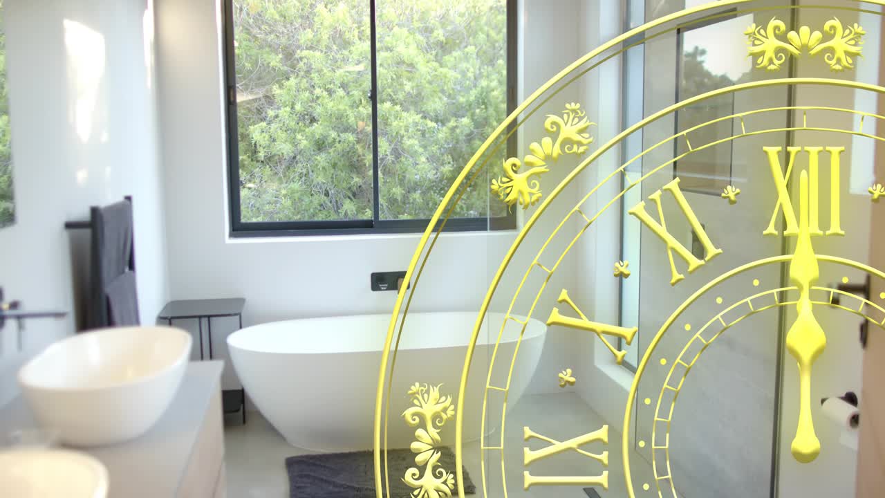 Overlay appearing, ornate clock drifting right, particles floating, bathtub revealing for design