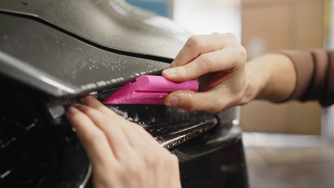instalación de una película protectora en los faros de los automóviles