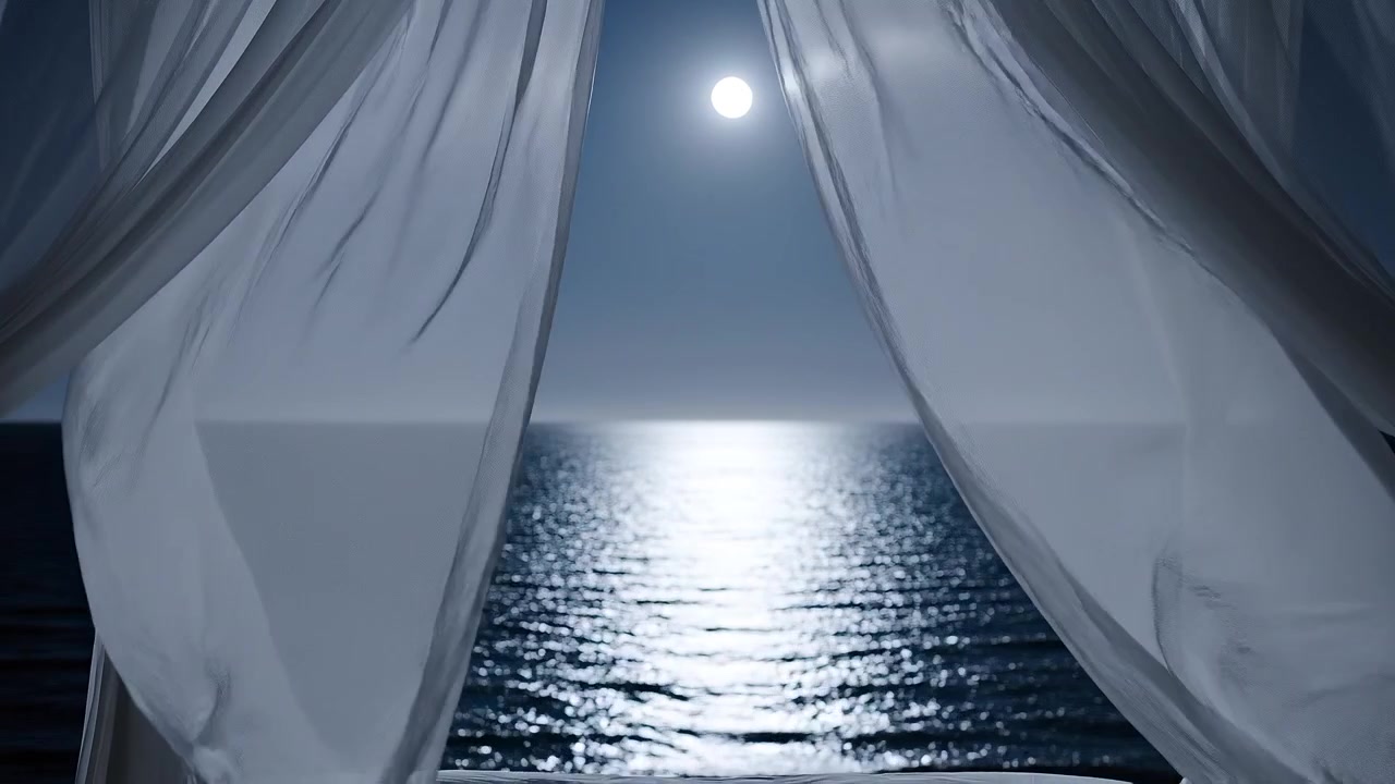 Lua Cheia sobre o Oceano Vista através de Cortinas Brancas Transparentes.