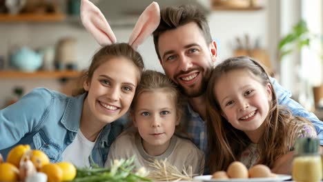 happy family celebrating easter at home, smiling and posing for a photo with bunny ears on their heads. two joyful daughters radiate love and togetherness in this festive moment