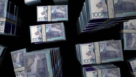 flight over the kazakh tenge money banknote packs loop animation