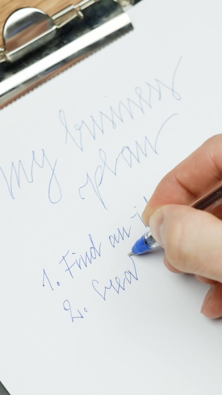 A vertical close-up of a hand writing key points of a business plan with a blue pencil on a white paper, highlighting focus and organization.