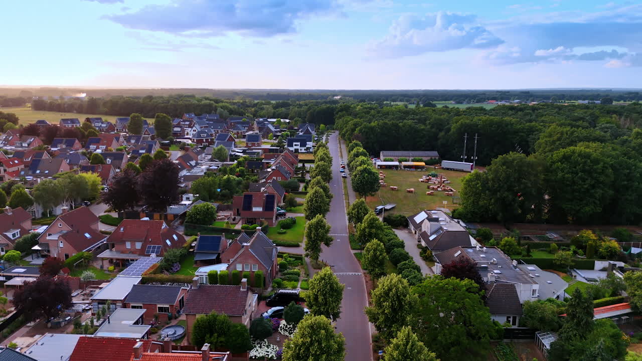 Drone view of Dutch residential area with long road. Aerial photo of houses and a straight road lined with trees in the Netherlands