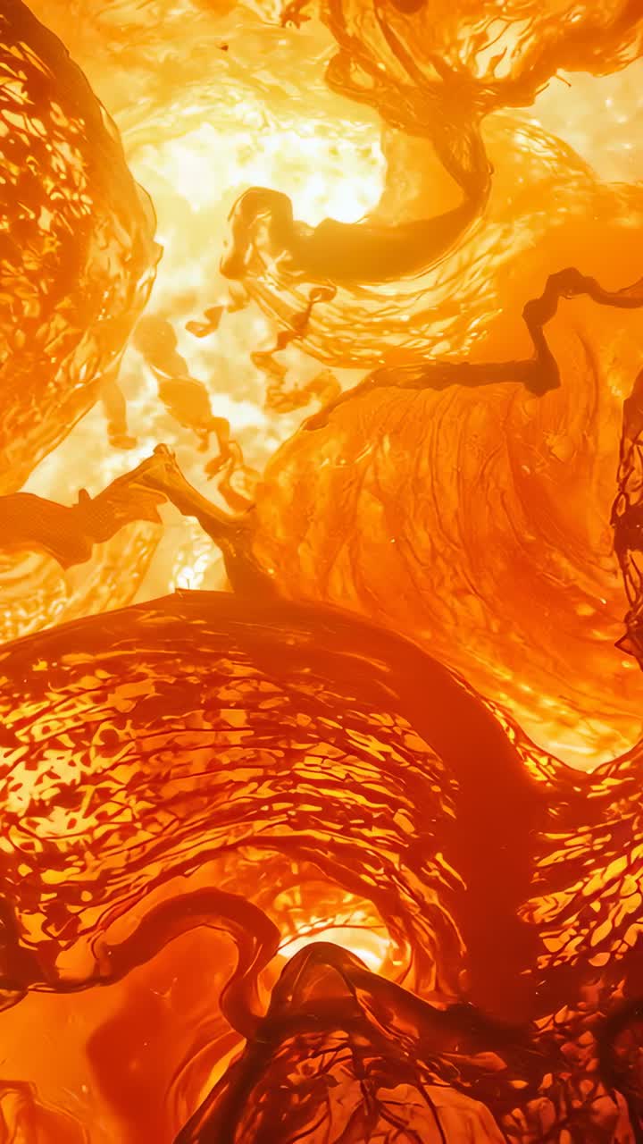 Vertical video: Brightening backlight causing viscous amber forms and tendrils moving in macro