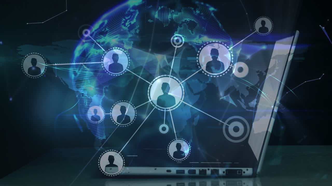 Animation of network of connections with icons and laptop on blue background