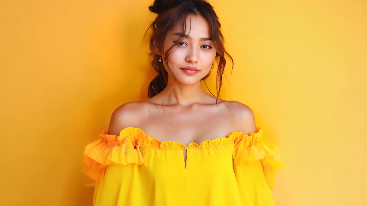 una mujer con un vestido amarillo posando para una foto